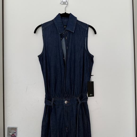 NWT 7 for All Mankind Weightless Point Collar Denim Pleated Wide Leg Jumpsuit - Picture 4 of 8